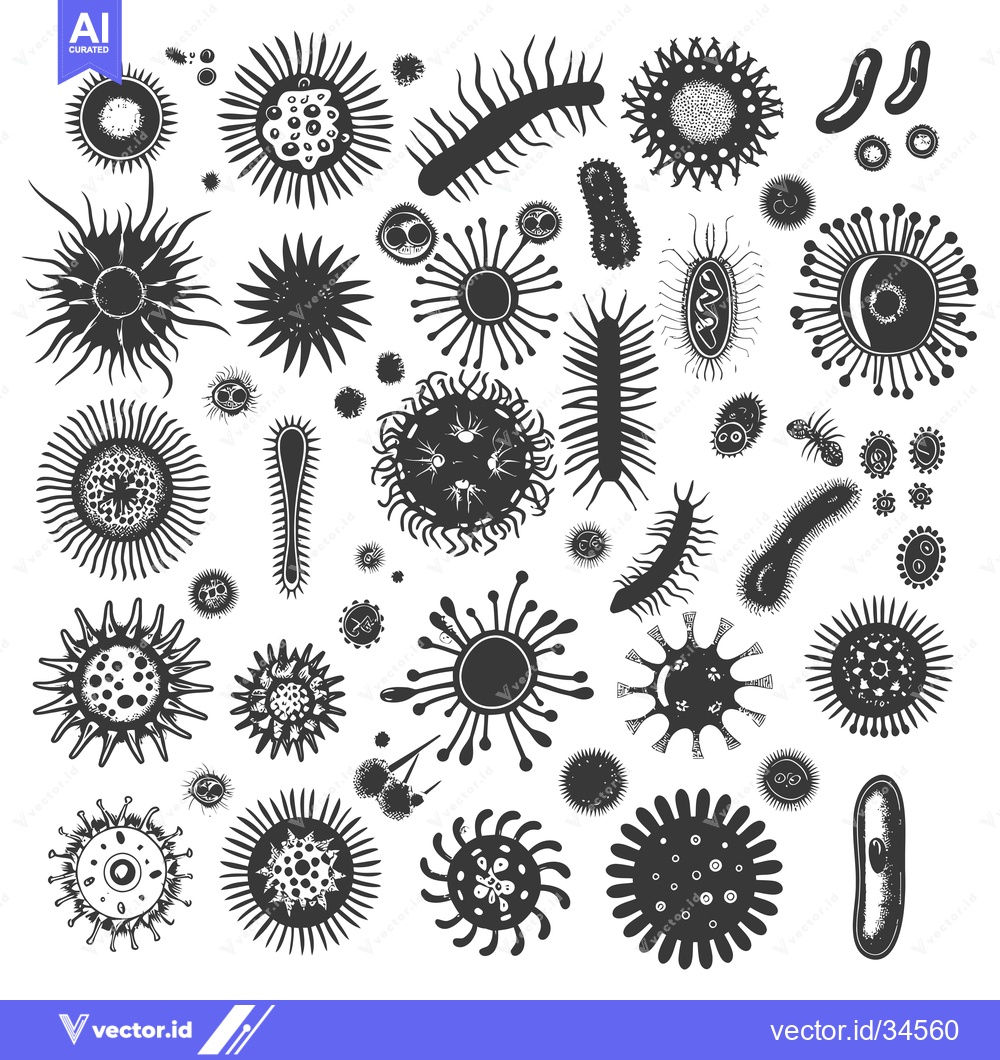 Premium Vector of Collection of Various Black and White Microorganisms