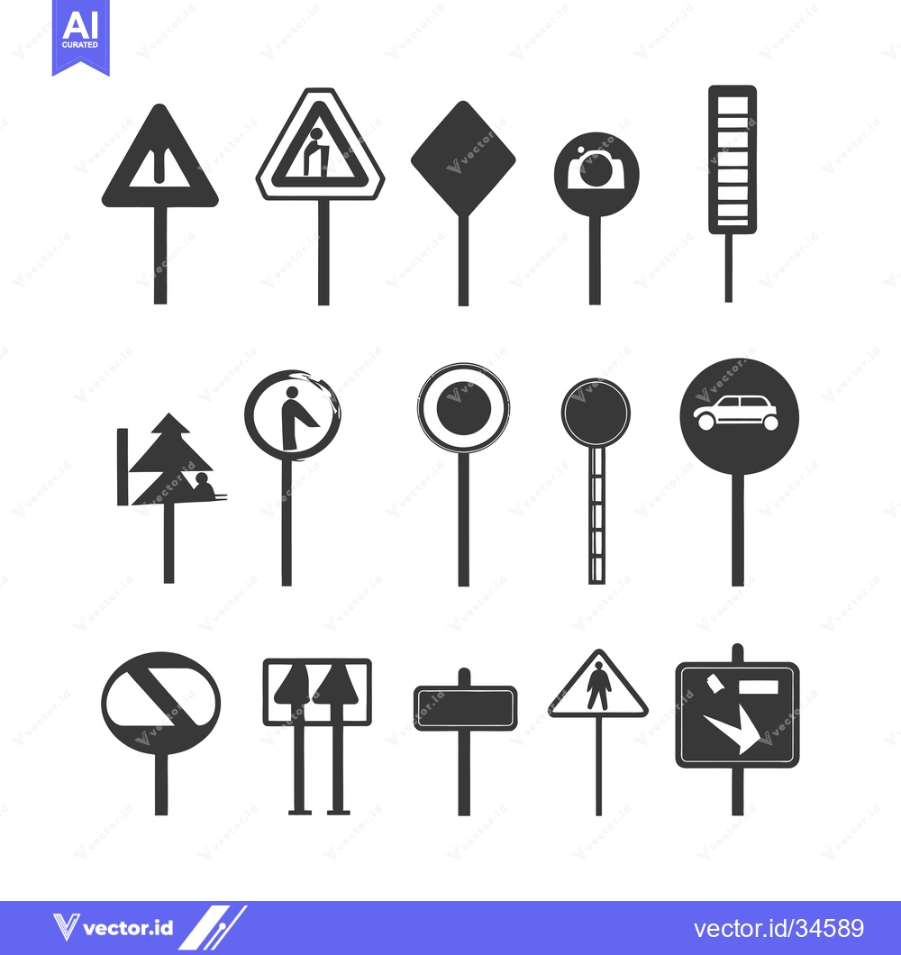 Premium Vector of Collection of Various Road Sign Icons with Poles