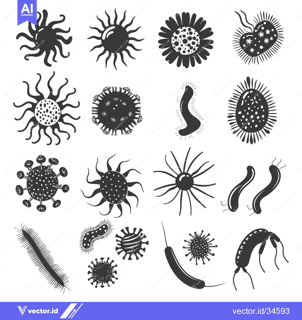 Premium Vector of Collection of Various Types of Microorganisms in Black and White Silho