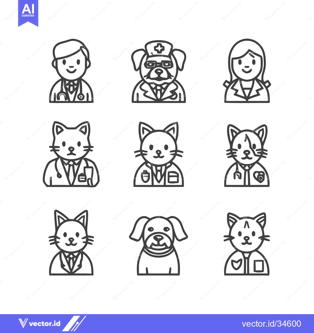 Premium Vector of Veterinary Clinic Icons - Diverse Line Art Portraits of Professionals