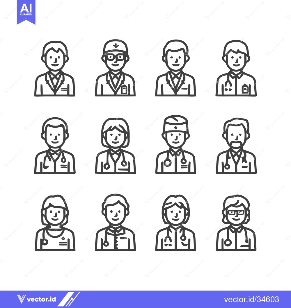 Premium Vector of Medical Professionals - Diverse Line Art Portraits for Healthcare.