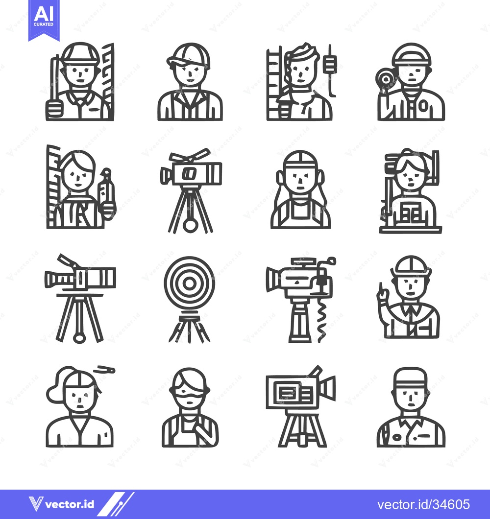 Premium Vector dari Collection of construction workers and surveying equipment icons.