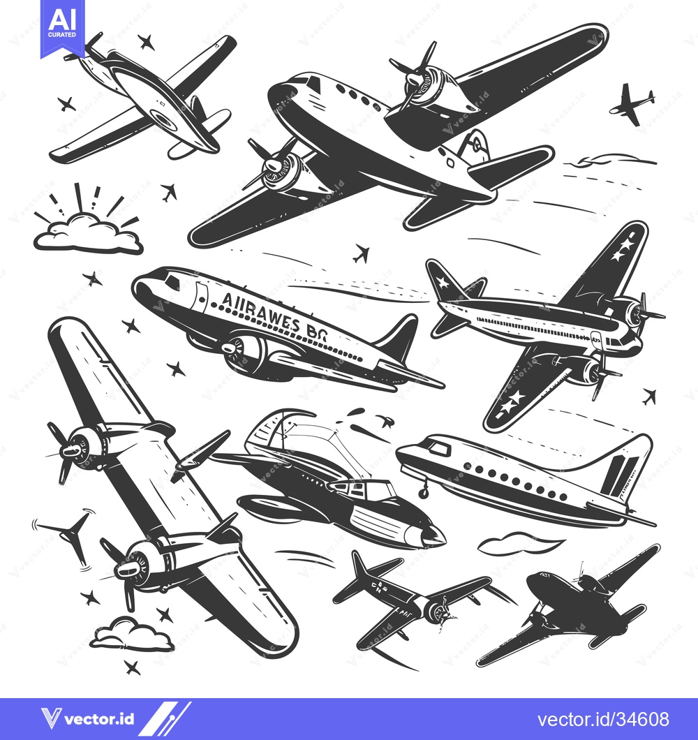 Premium Vector dari Collection of vintage airplanes in flight, with clouds and stars