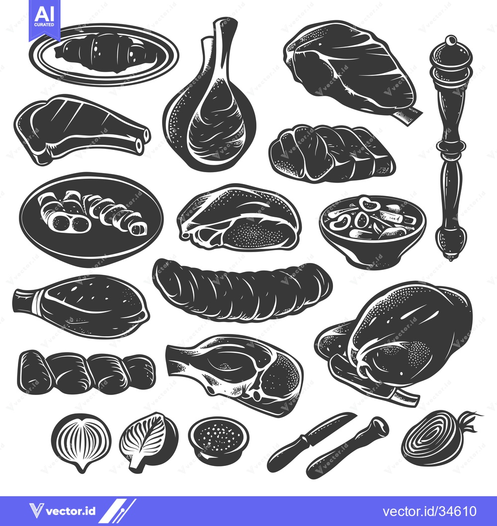 Premium Vector dari Collection of Vintage Black and White Butcher Shop Meat Cuts and Ingre