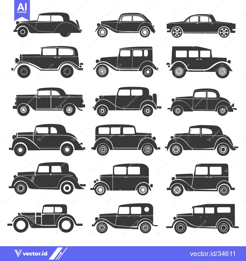 Premium Vector dari Collection of Vintage Car Silhouettes in Black and White