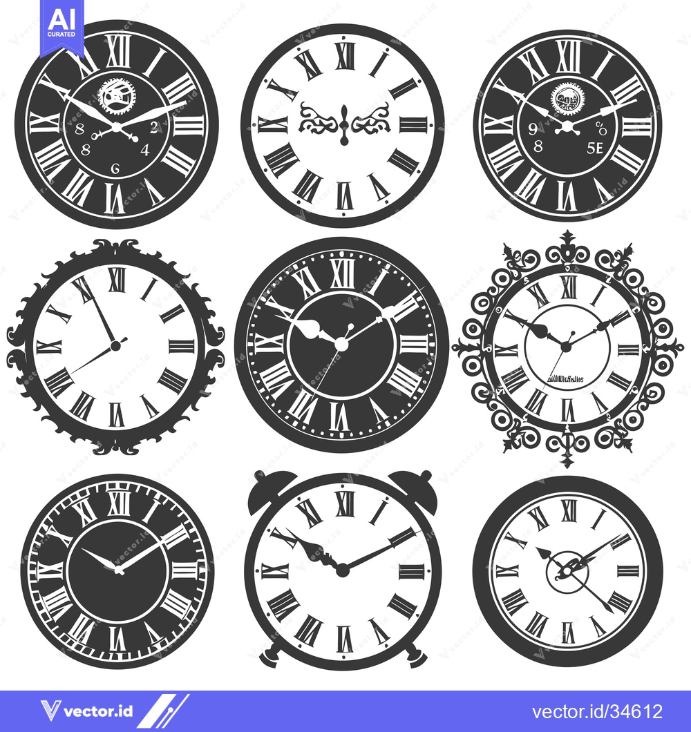 Premium Vector dari Collection of Vintage Clock Faces with Roman Numerals