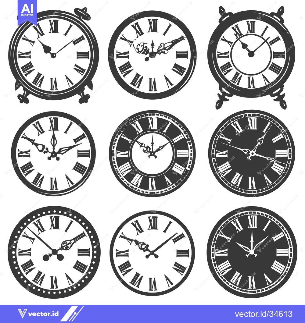 Premium Vector dari Collection of Vintage Clock Faces with Roman Numerals and Ornate Hands