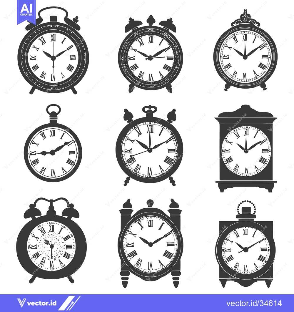 Premium Vector dari Collection of Vintage Clock Silhouettes with Roman Numerals