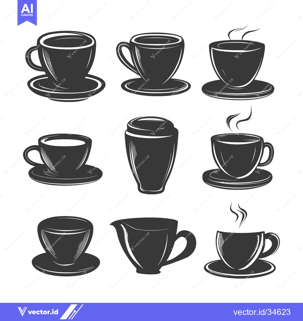Premium Vector dari Collection of Vintage Silhouette Coffee Cups and a Creamer