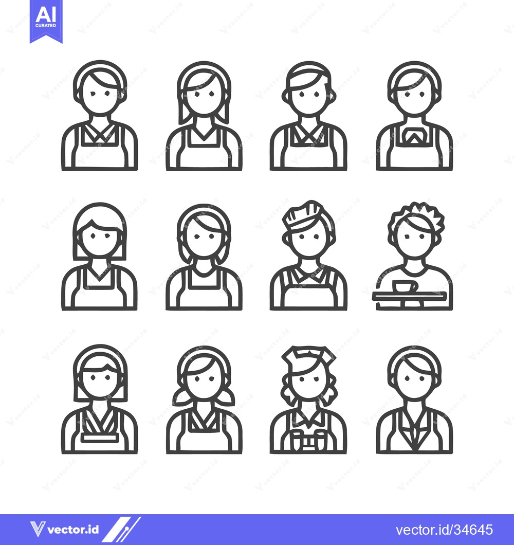 Premium Vector of Diverse Line Art Portraits of Service Industry Workers.