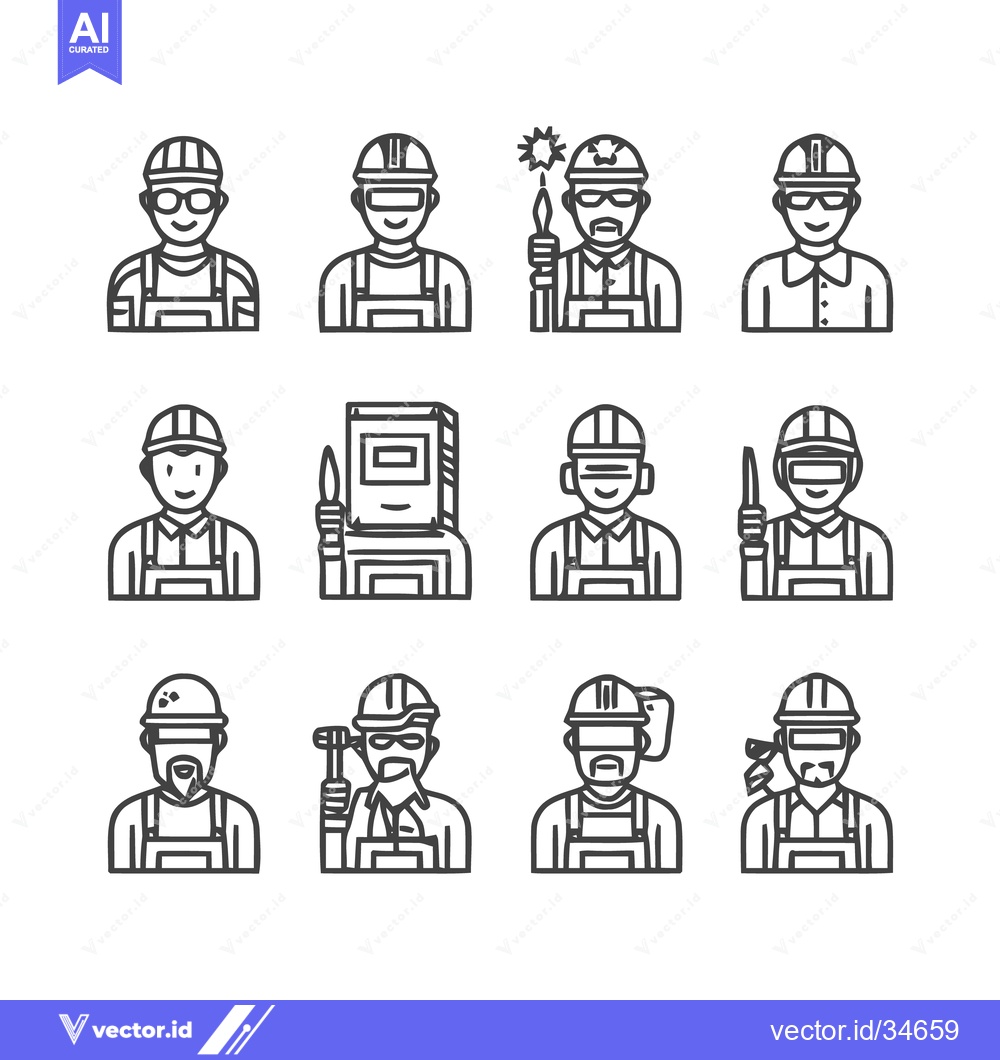 Premium Vector of Diverse Construction Workers - A Collection of Line Art Icons.