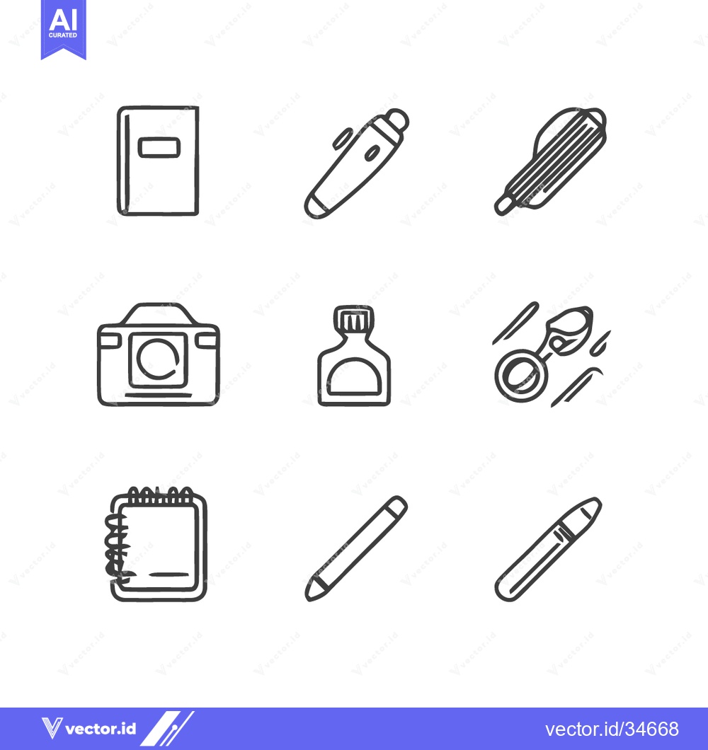 Premium Vector of Minimalist Line Art: Notebook, Pens, Camera, Ink, and Calligraphy Tool