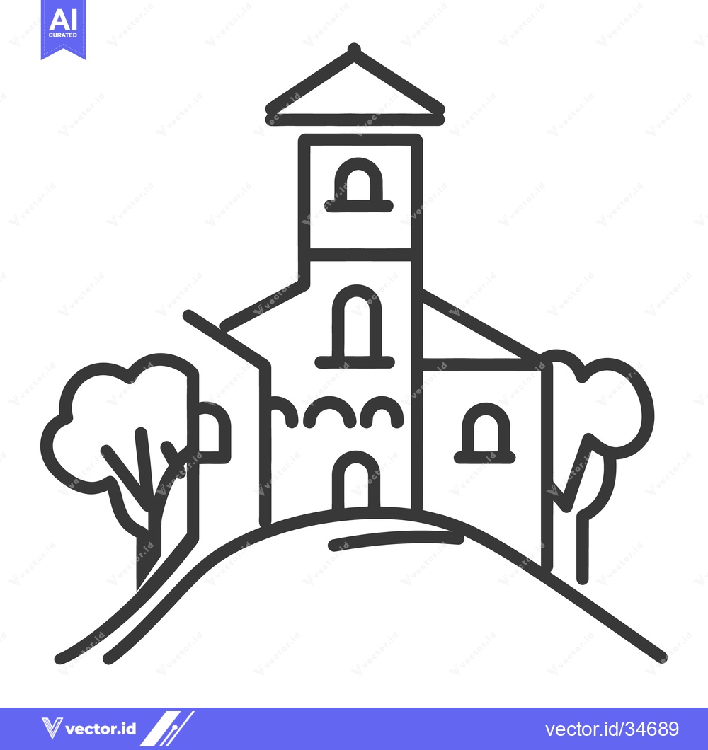 Premium Vector of A stylized black and white drawing of a church building on a hill
