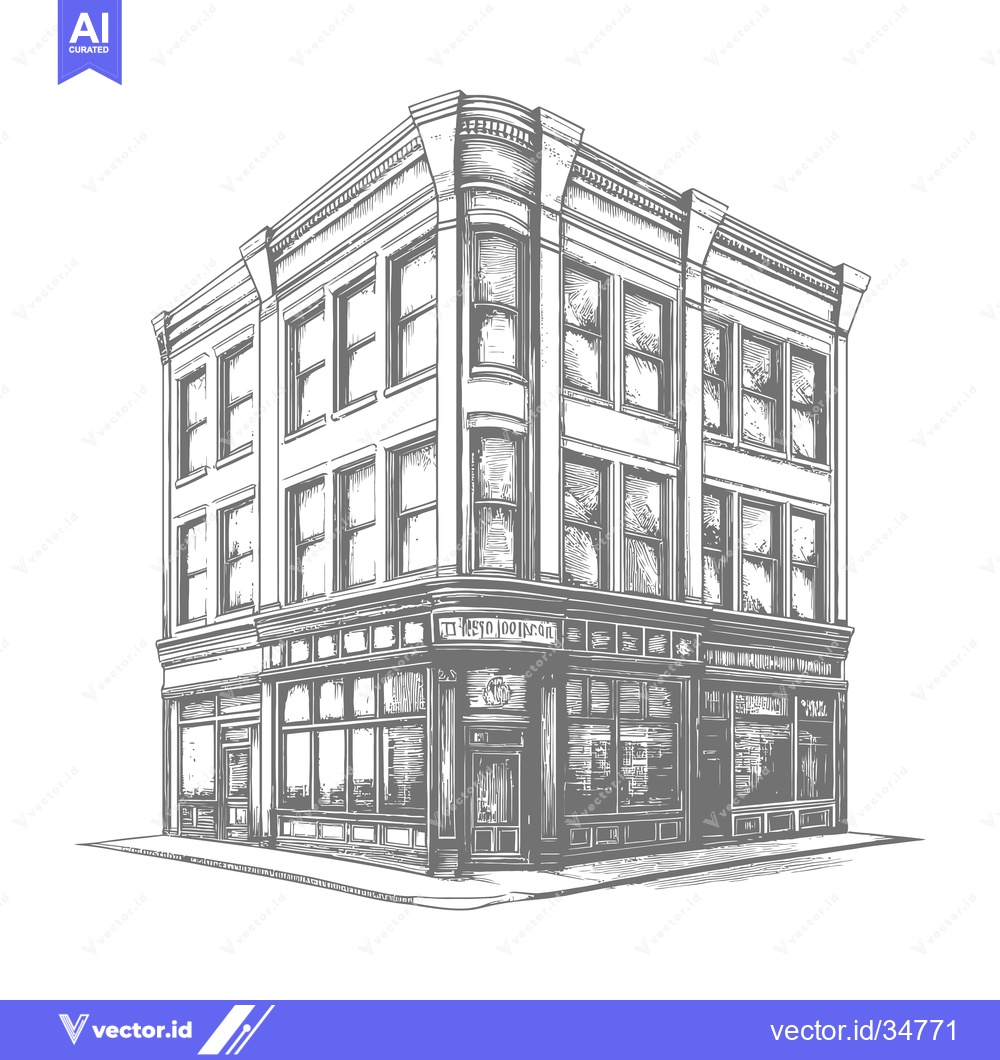 Premium Vector dari Corner Building Architectural Drawing Vintage Style