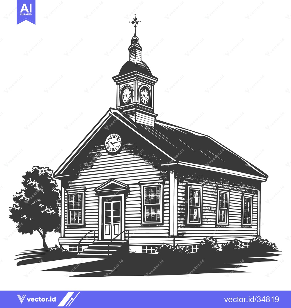 Premium Vector dari A Classic Wooden Schoolhouse with a Clock Tower