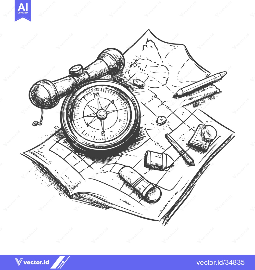 Premium Vector of Compass and Map with Pencils, a Sketch of Exploration Tools