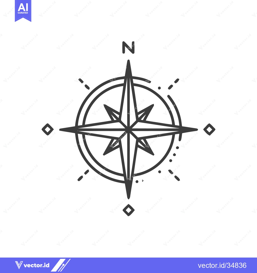 Premium Vector of Minimalist Compass Rose Illustration with North Indicator and Dashed D