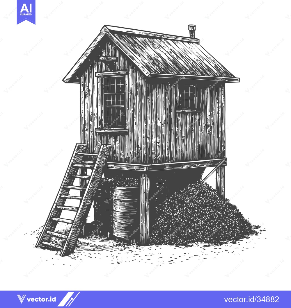 Premium Vector dari Elevated Wooden Shack with Ladder and Pile of Material