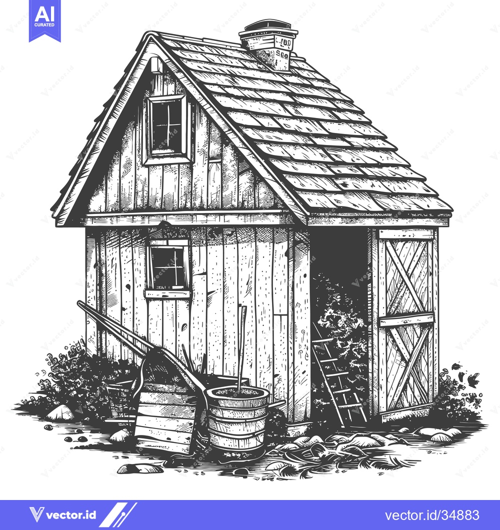 Premium Vector of Rustic Wooden Shed with Gardening Tools and Barrels