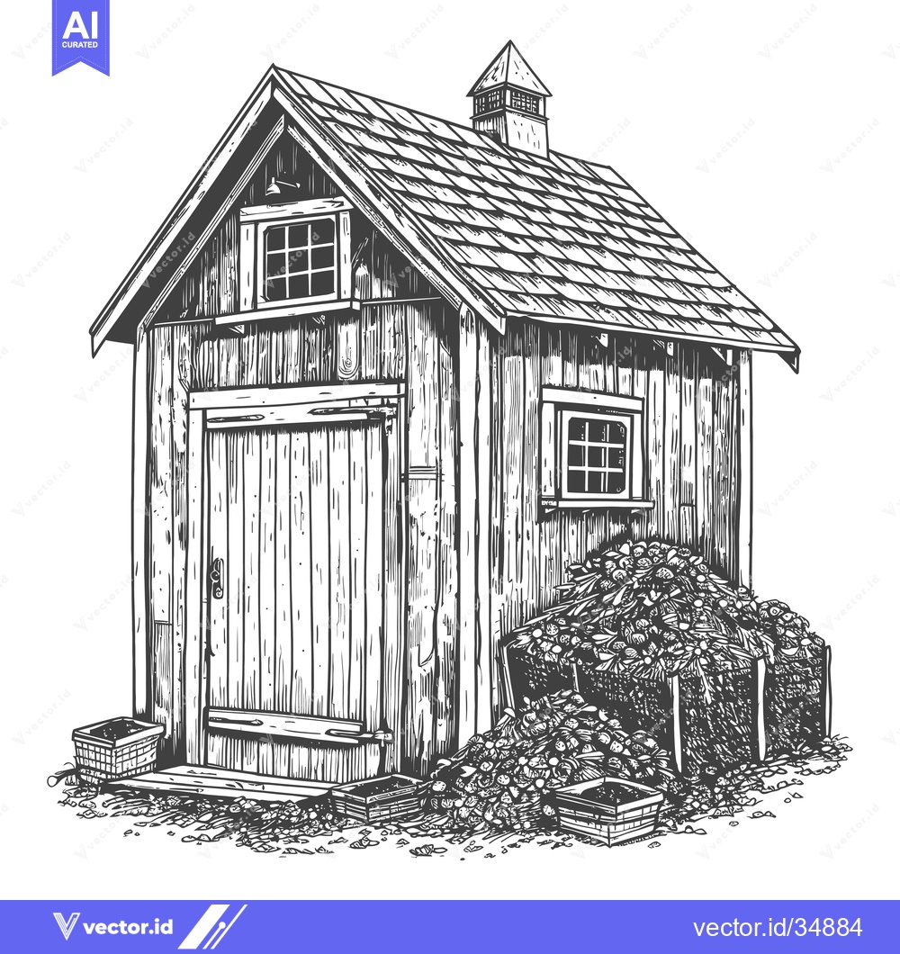 Premium Vector of Rustic Wooden Storage Shed With Harvested Produce