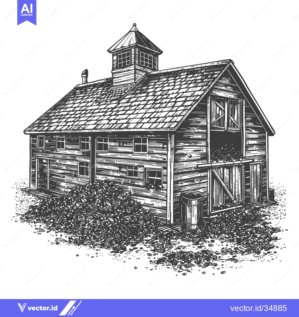 Premium Vector dari Rustic Wooden Barn with Hay and a Small Tower