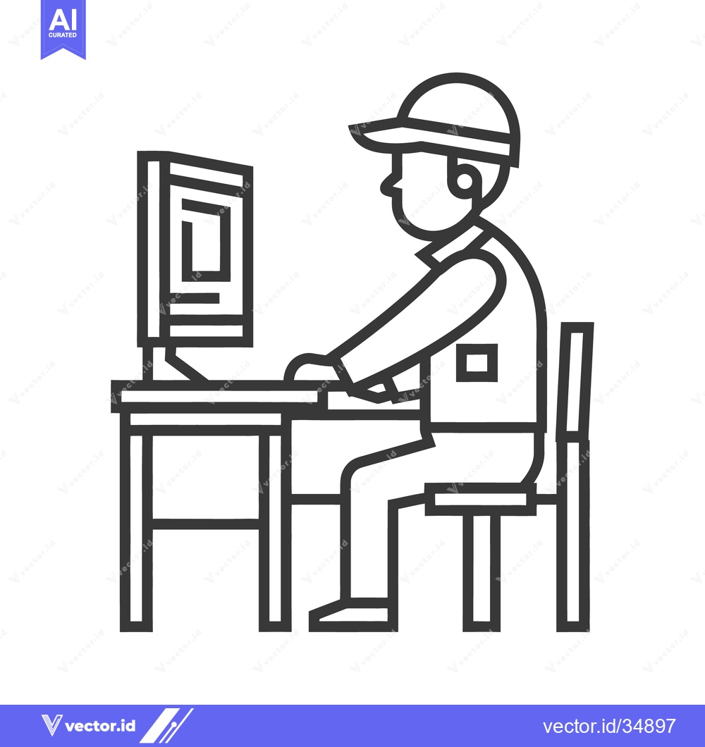 Premium Vector dari A person wearing a cap is working at a computer desk