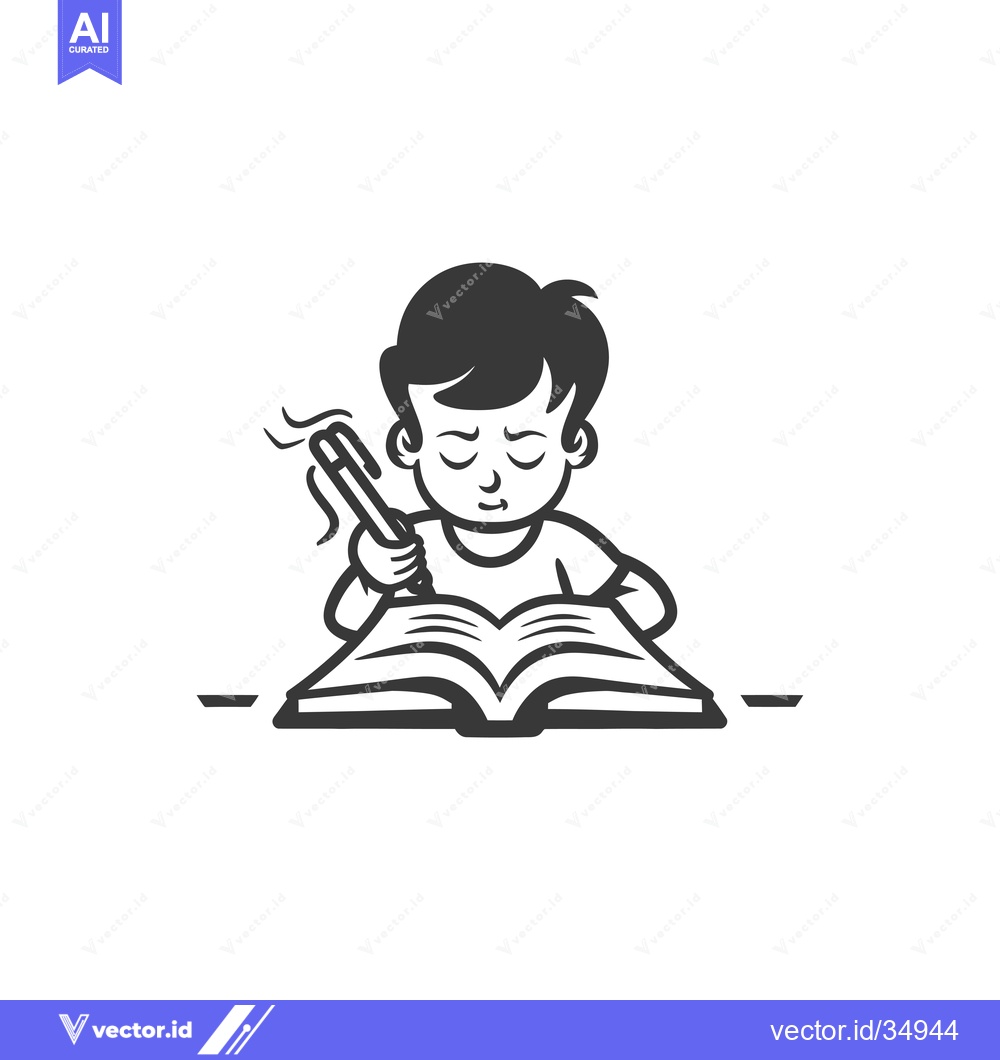 Premium Vector dari Concentrated Boy Studying with Open Book and Pen