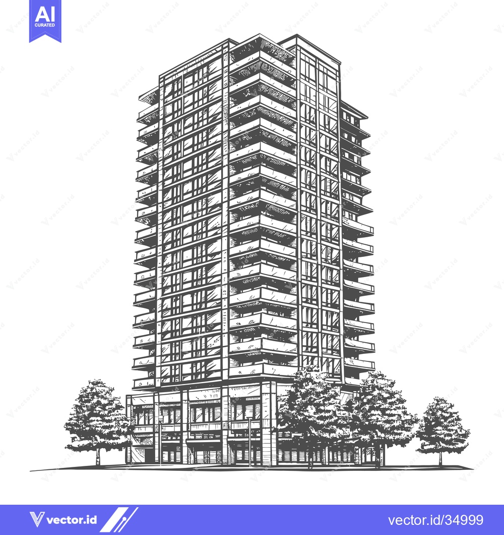 Premium Vector of Modern Apartment Building Sketch with Trees