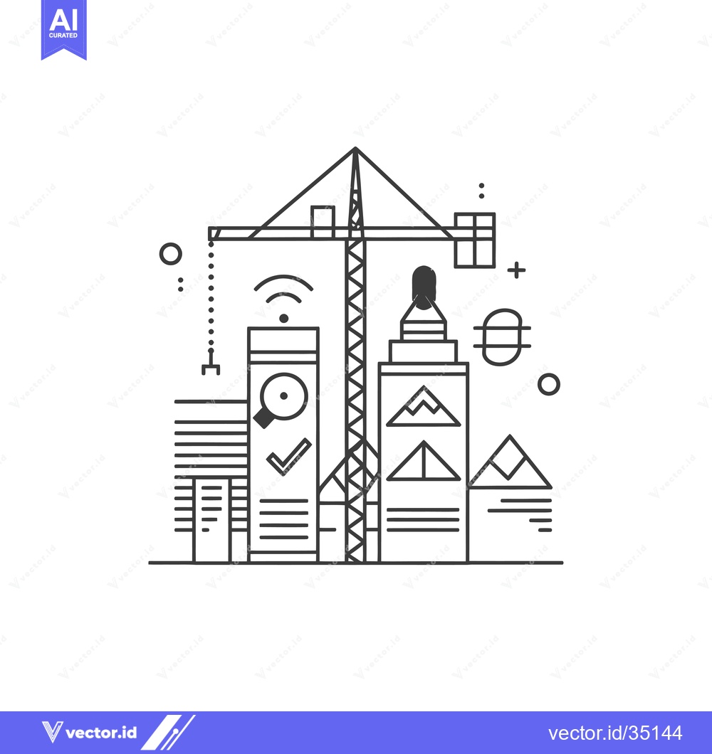 Premium Vector dari Construction Crane with Skyscrapers and Abstract Geometric Shapes