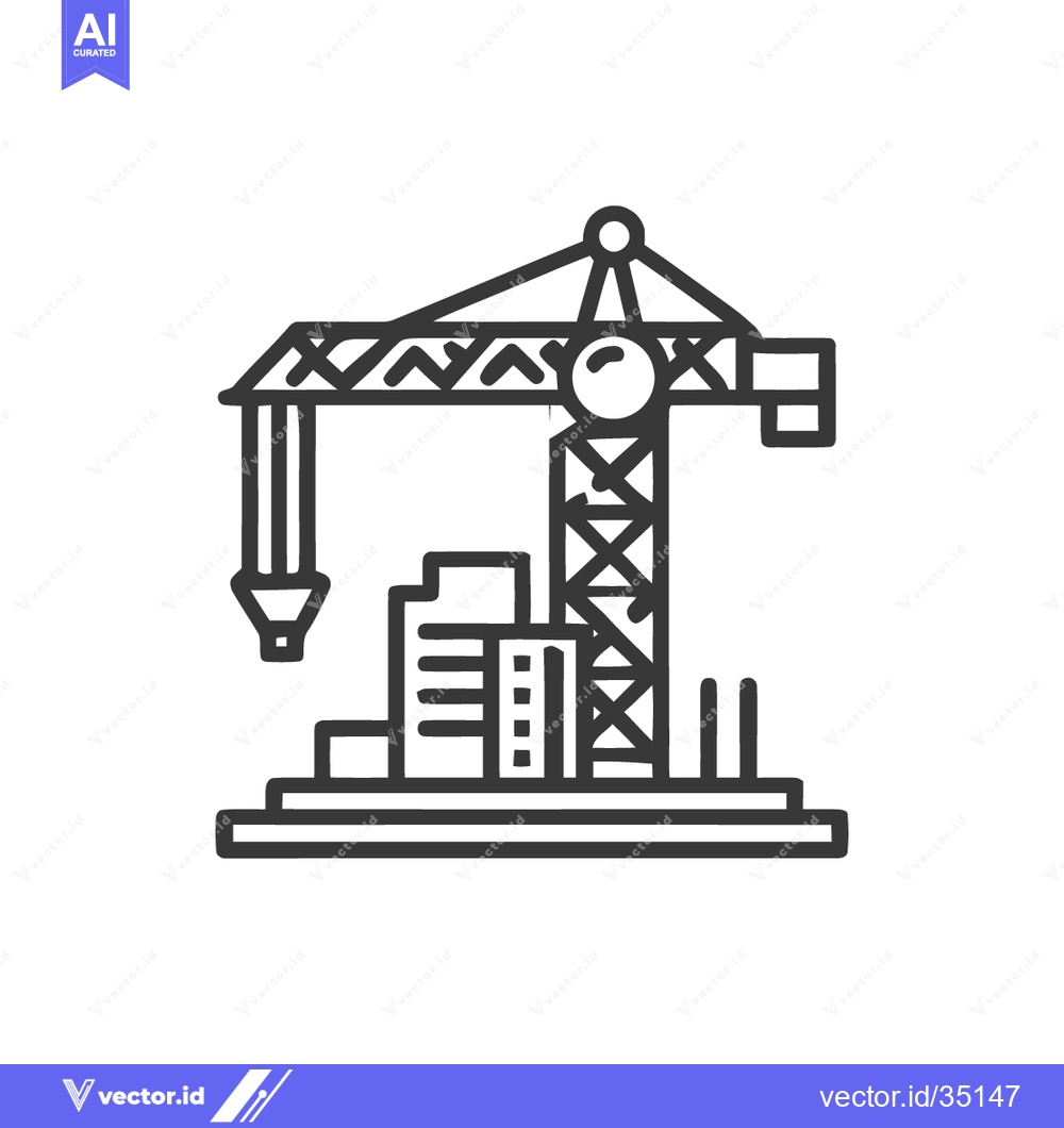 Premium Vector of Minimalist Construction Crane Icon with Cityscape Silhouette in Black