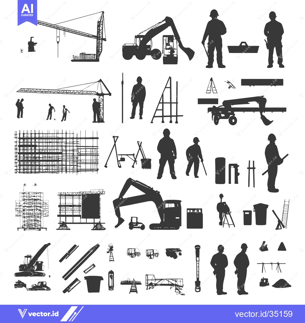 Premium Vector dari Construction Site Silhouettes with Workers, Equipment, and Structures
