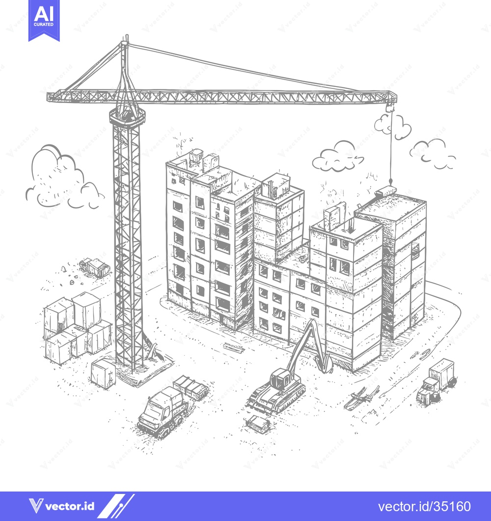 Premium Vector of Construction Site with Crane and Excavator Building a Multi-Story Apar