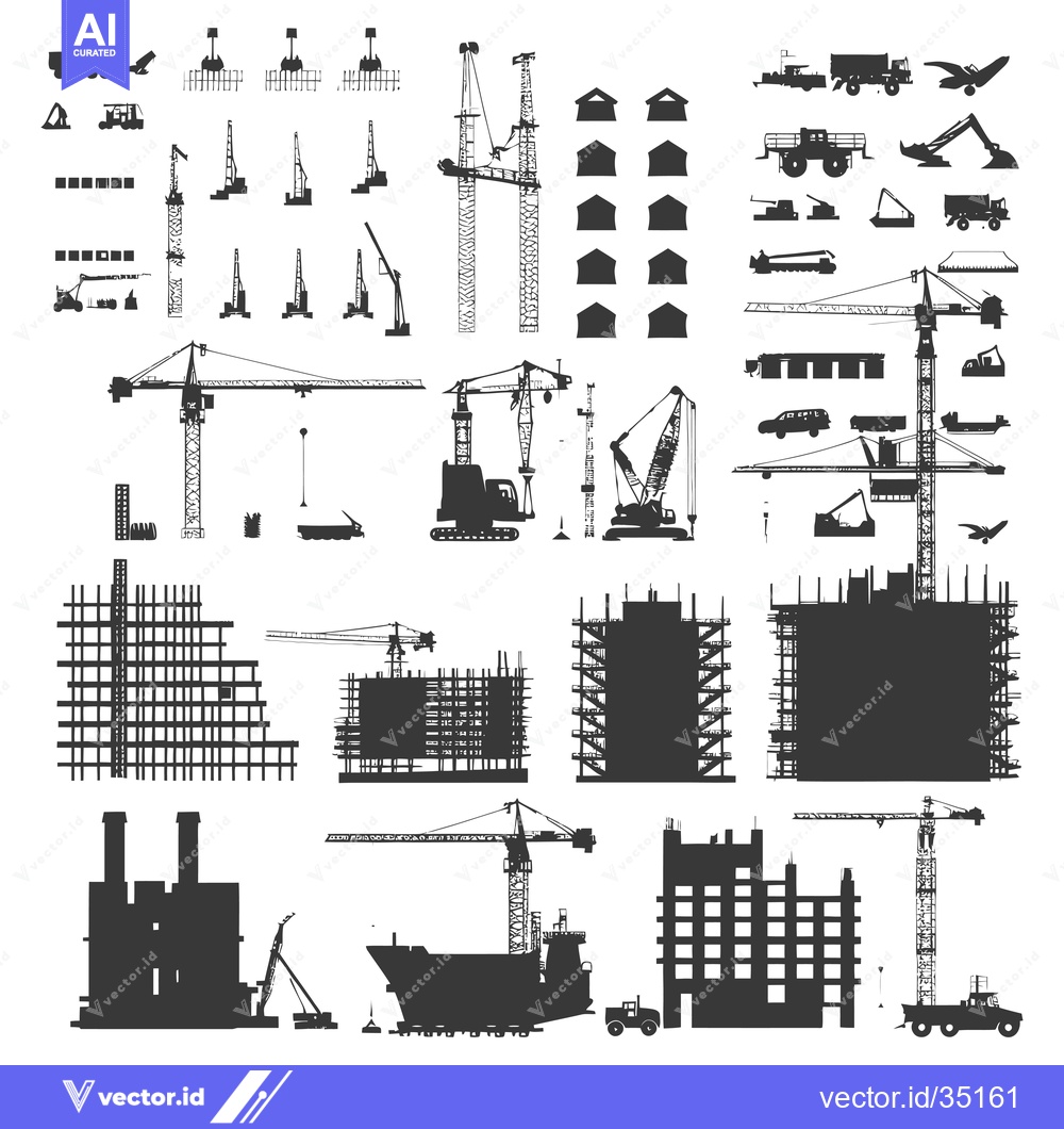 Premium Vector of Construction Site with Cranes and Machinery Silhouettes