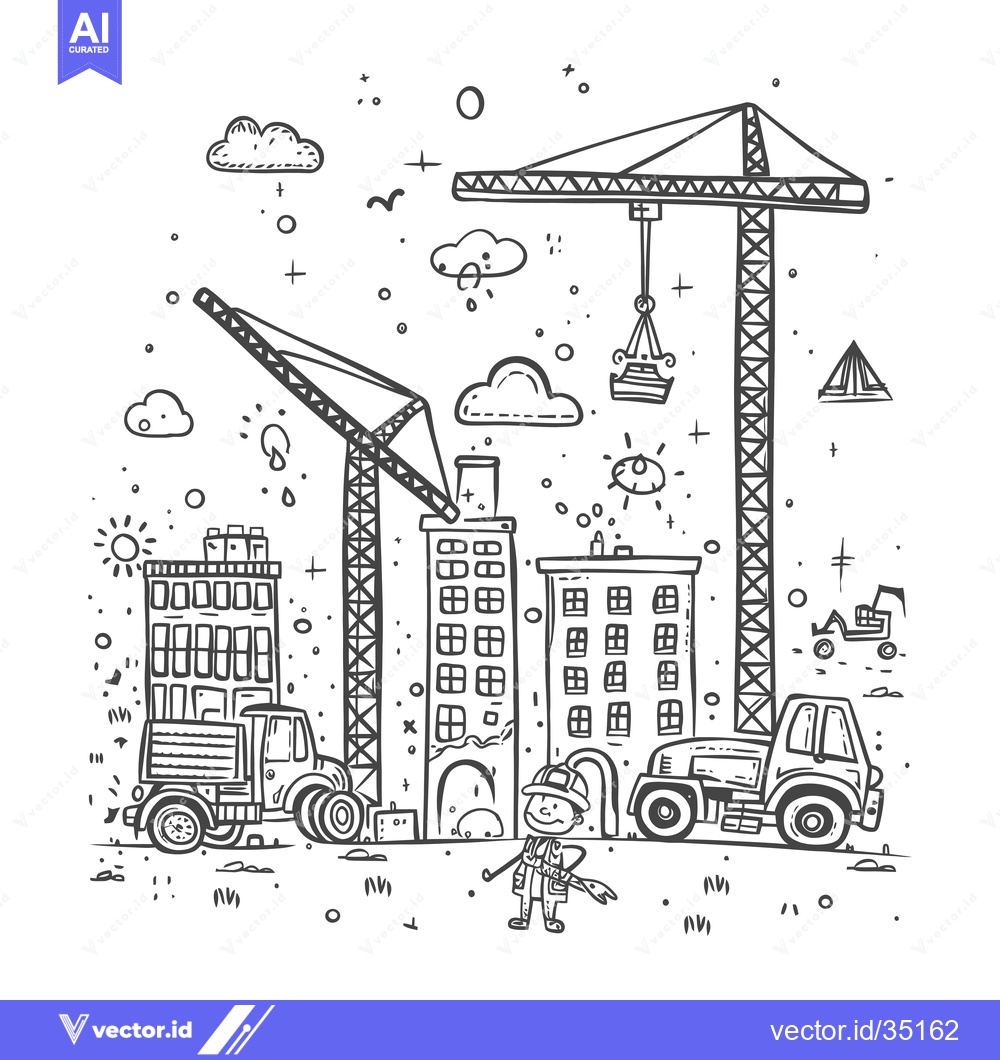 Premium Vector dari Construction Site with Cranes, Trucks, and a Worker