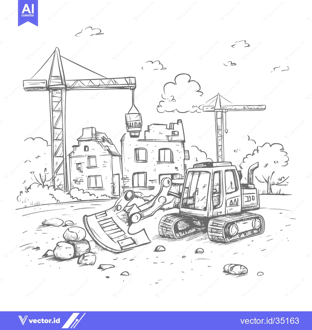 Premium Vector dari Construction Site with Excavator, Crane and Building Under Demolition