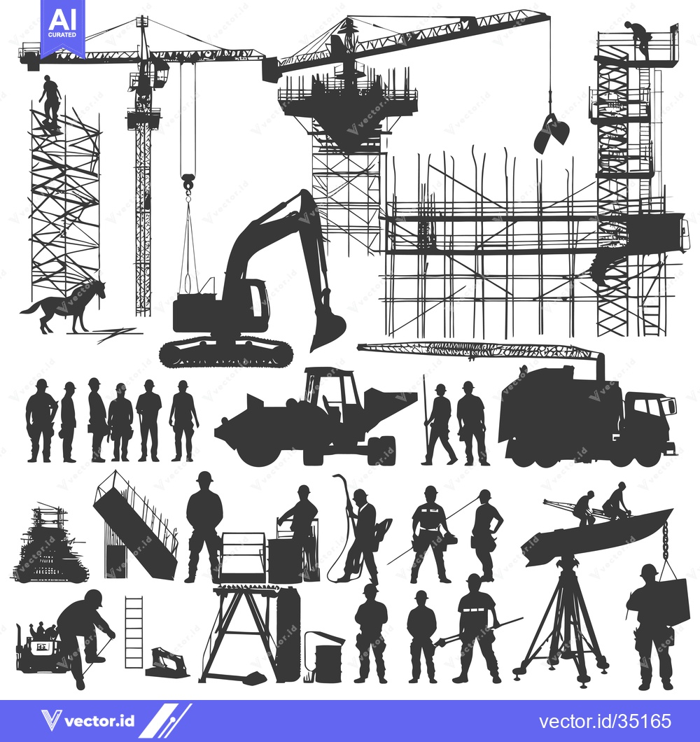 Premium Vector dari Construction Site Workers and Equipment Silhouettes