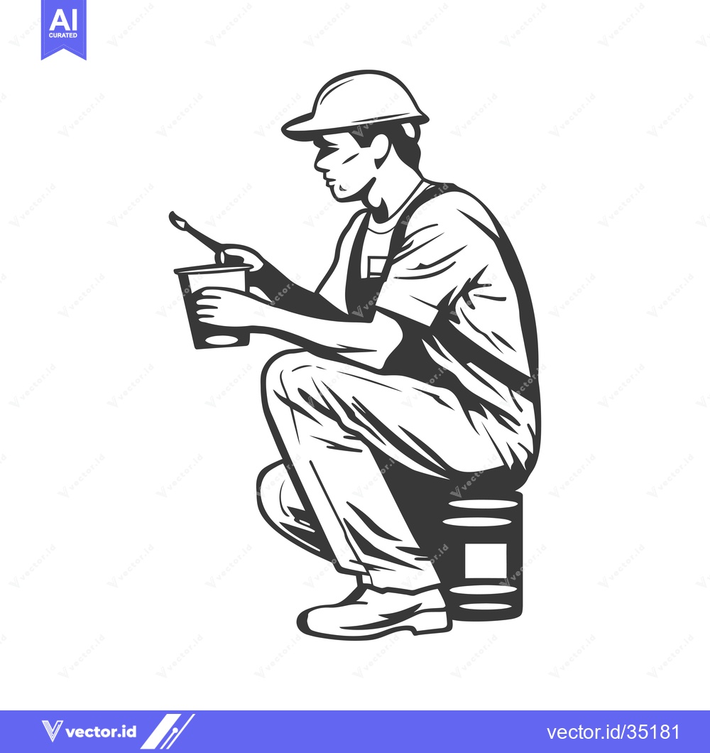 Premium Vector dari Construction Worker Sitting on a Paint Bucket with a Paintbrush