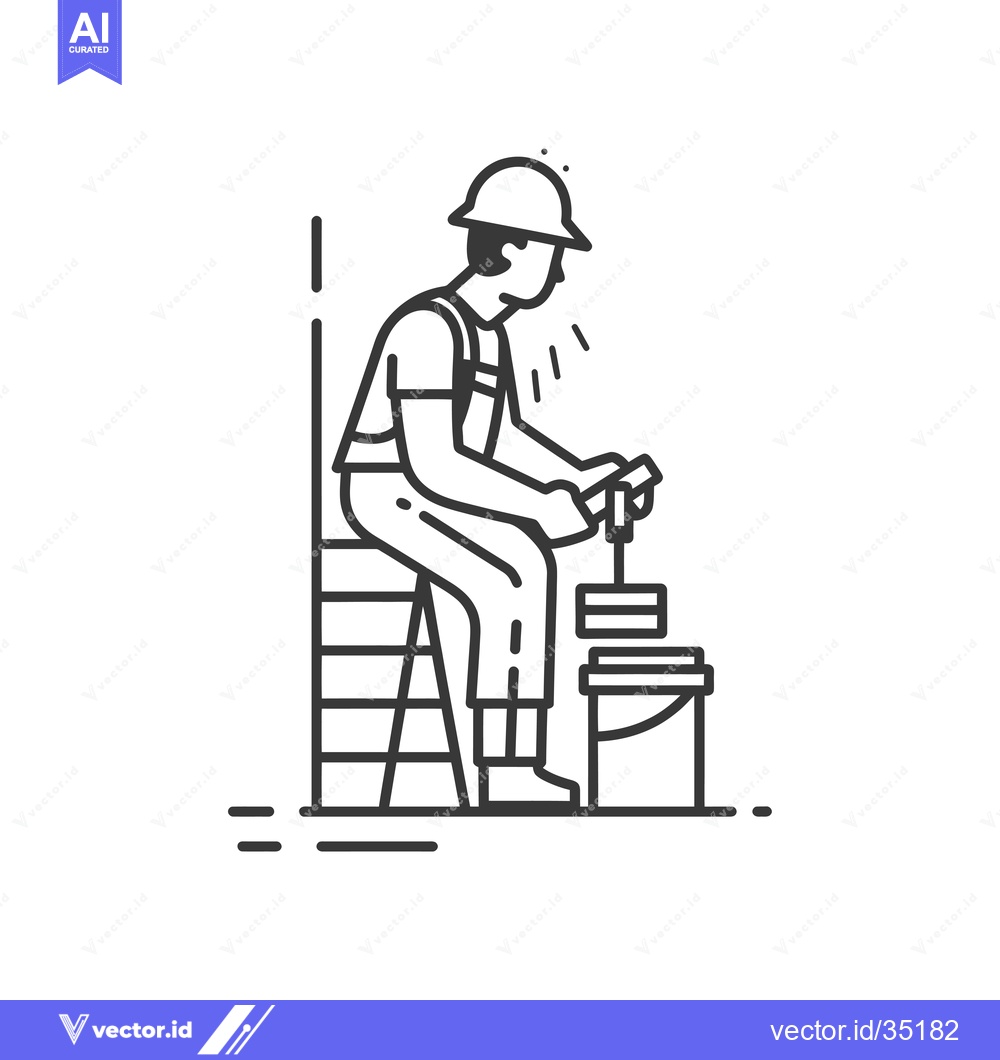 Premium Vector of Construction Worker Sitting on Ladder with Paint Can