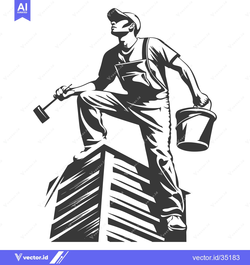Premium Vector of Construction Worker Standing on a Roof with a Bucket and Trowel