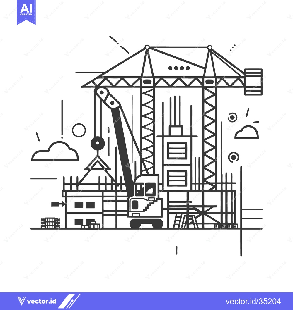 Premium Vector of Construction site illustration featuring a crane lifting building mate
