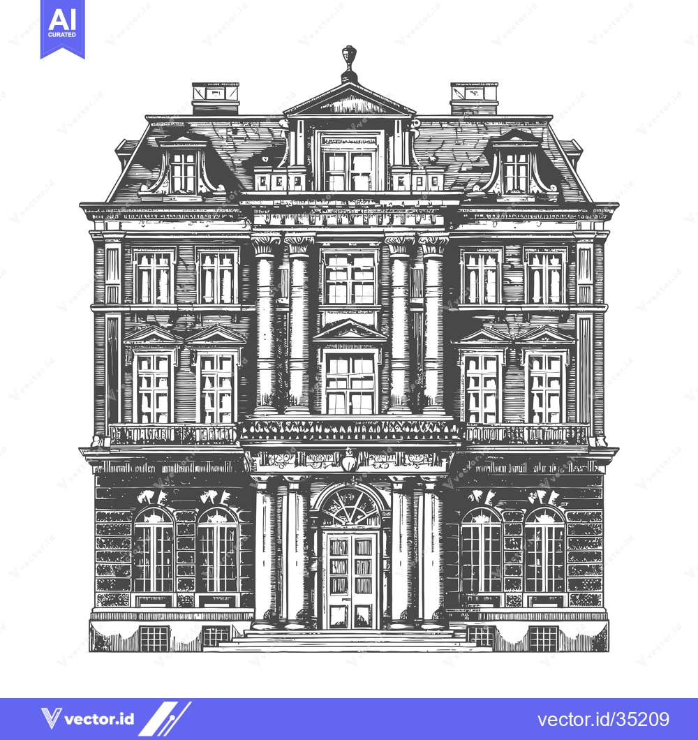 Premium Vector of Grand Classical Mansion Architectural Drawing Illustration