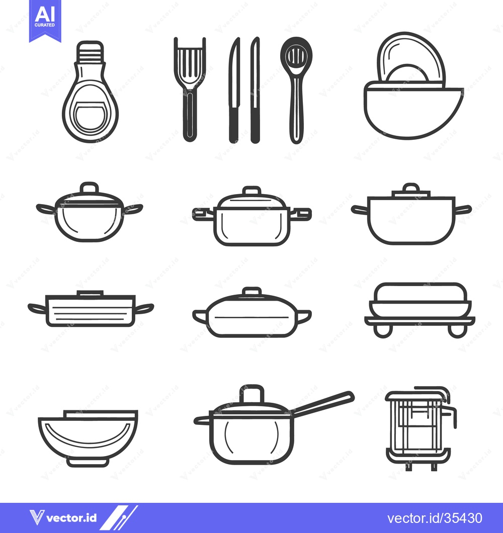 Premium Vector dari Various black and white cooking utensils and cookware displayed evenly