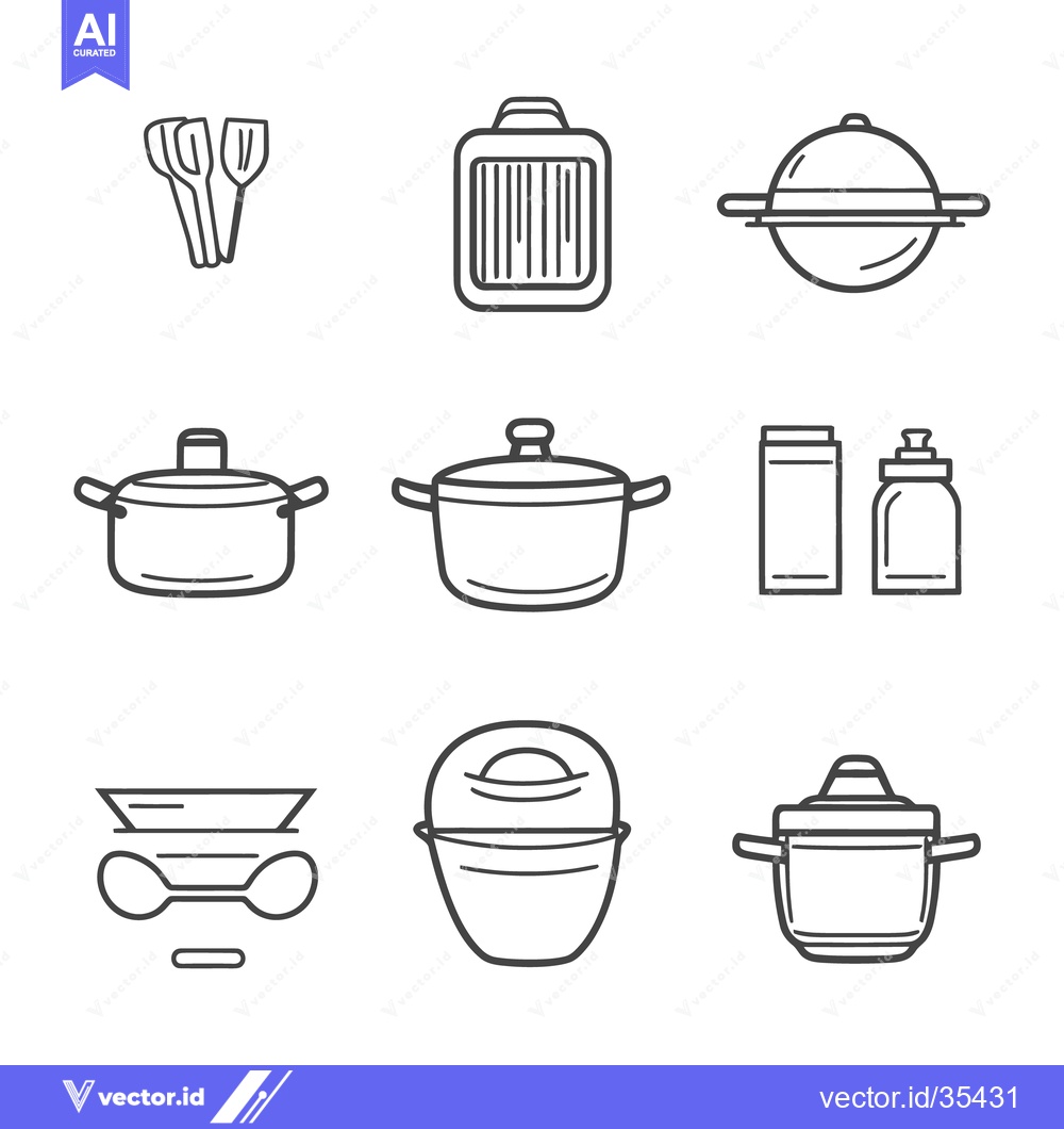 Premium Vector dari Outlined illustrations depict varied kitchen cooking tools and utensil