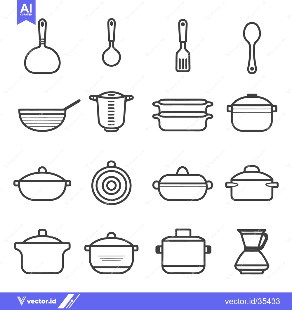 Premium Vector of Black and white illustrations showcasing various cooking utensils and