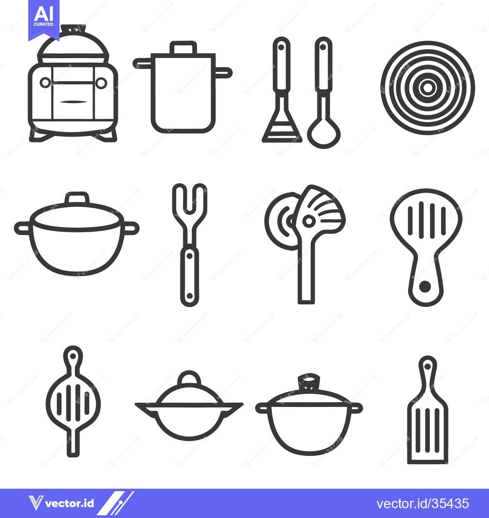 Premium Vector of Simple black and white line art depicting cooking utensils and pots