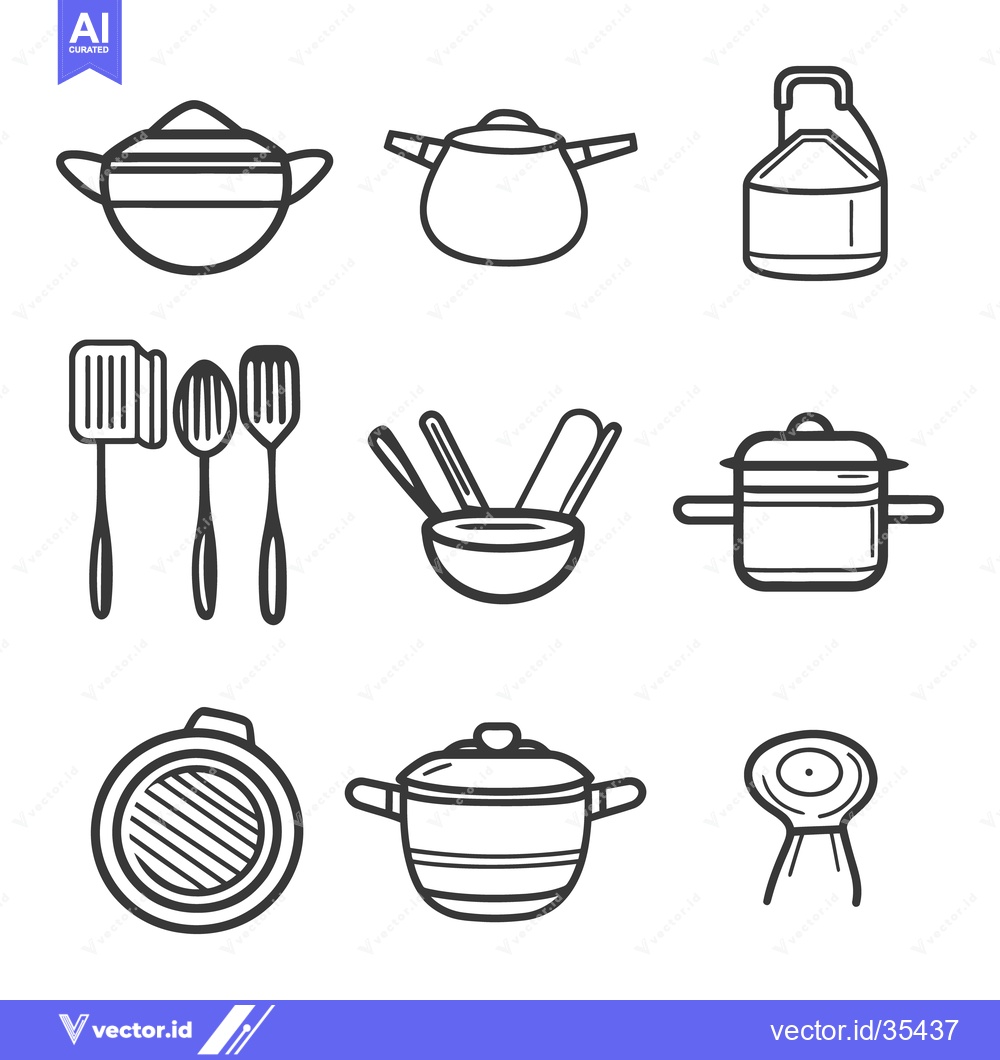 Premium Vector of Various cooking tools and kitchenware depicted in a simple line art st
