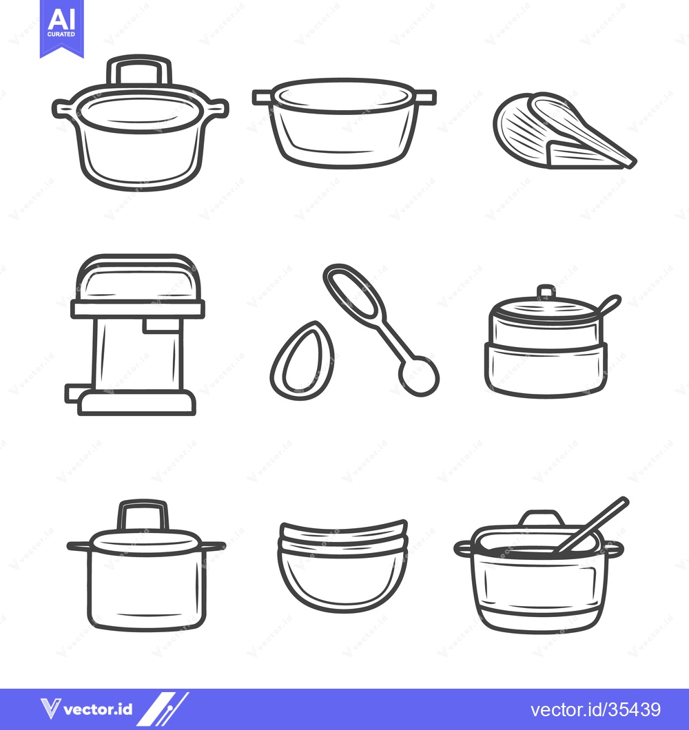 Premium Vector dari Simple line drawings of various kitchen tools and utensils are shown