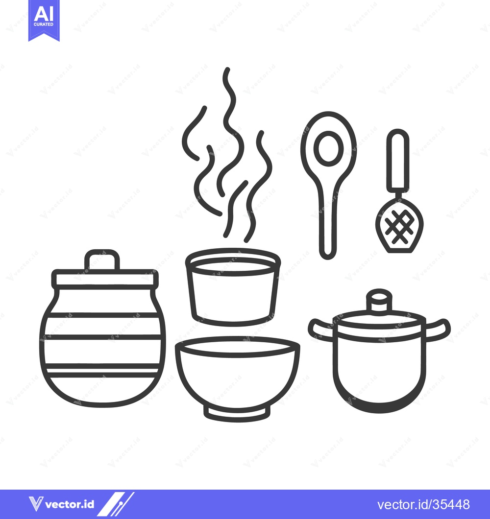 Premium Vector dari Kitchen items including pots bowls and utensils are displayed simply