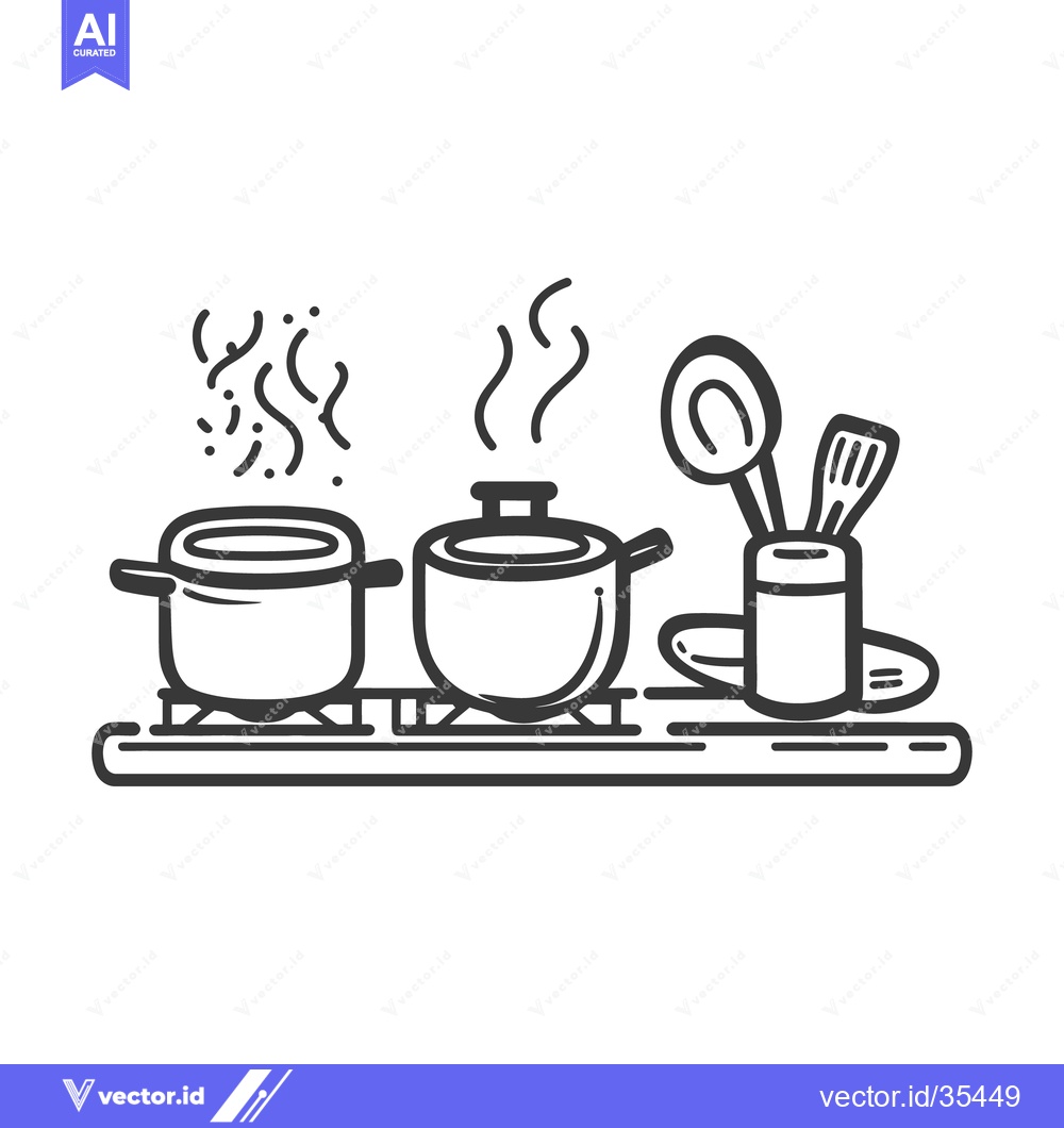 Premium Vector dari Black and white cooking utensils and pots on a shelf