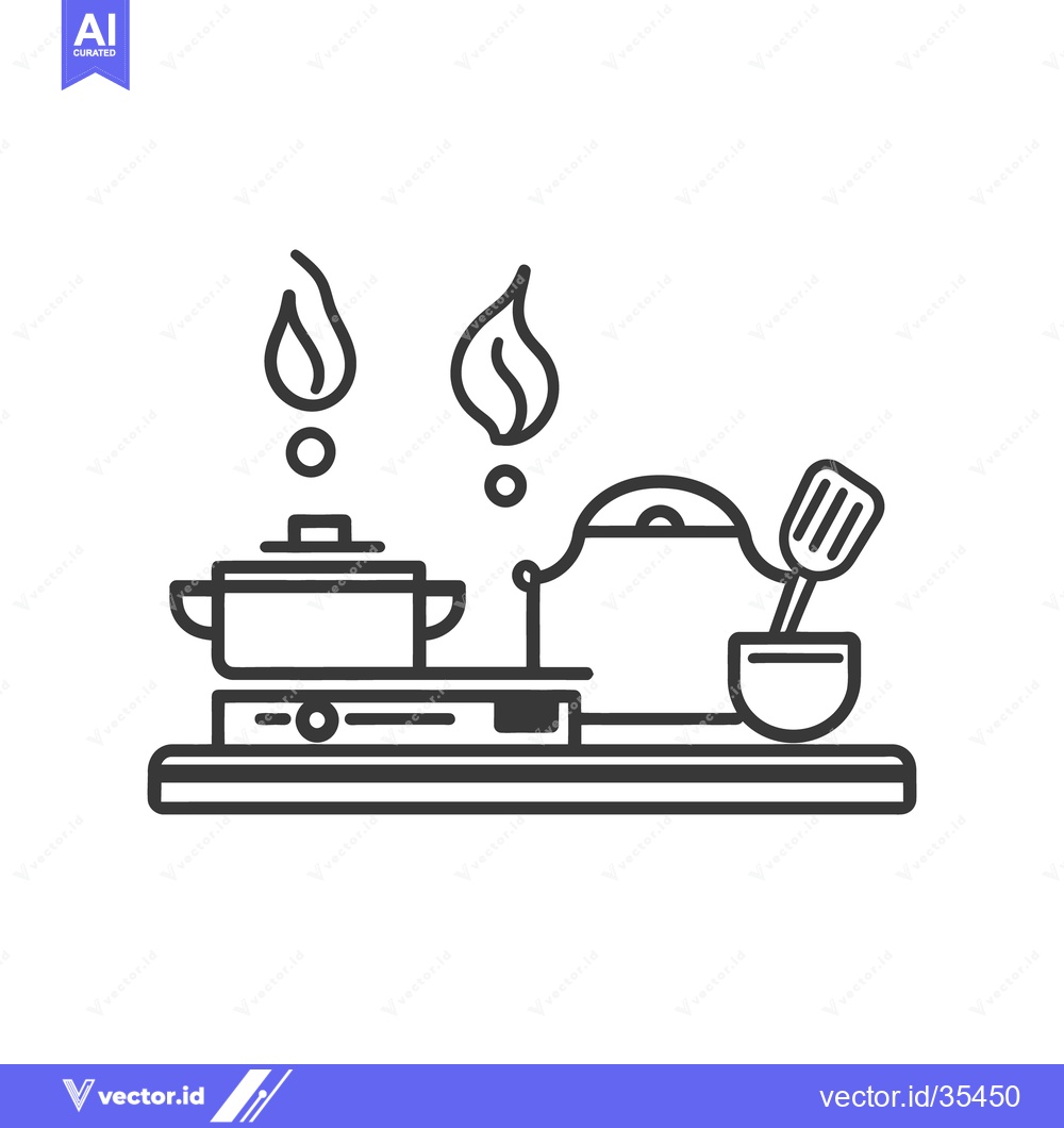 Premium Vector of Kitchen stove with cooking tools and boiling food illustration